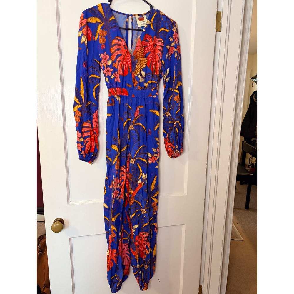 Farm Rio for Anthropologie Tropical Toucan Print Jumpsuit Blue Red XS